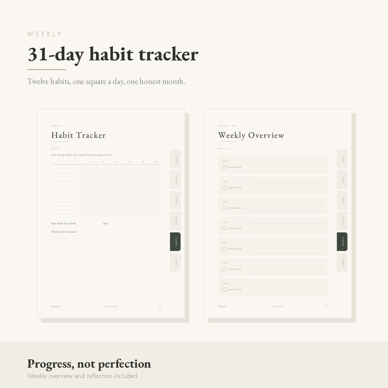 Peut inclure: Une mise en page de planificateur num&eacute;rique comprenant un suivi d'habitudes sur 31 jours et une page de vue d'ensemble hebdomadaire. Le design inclut une grille pour douze habitudes, des cases &agrave; cocher et des onglets lat&eacute;raux sur fond cr&egrave;me.
