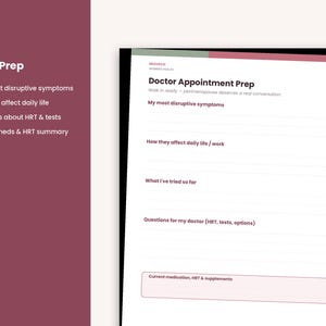 May include: A white page from a planner titled Doctor Appointment Prep with sections for My most disruptive symptoms, How they affect daily life / work, What I've tried so far, Questions for my doctor, and Current medication, HRT & supplements.
