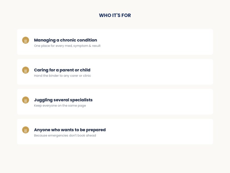 Puede incluir: Un gr&aacute;fico informativo blanco titulado WHO IT'S FOR, que presenta cuatro secciones horizontales con iconos circulares dorados. Cada secci&oacute;n enumera una categor&iacute;a: Managing a chronic condition, Caring for a parent or child, Juggling several specialists y Anyone who wants to be prepared, con un subtexto descriptivo para cada una.