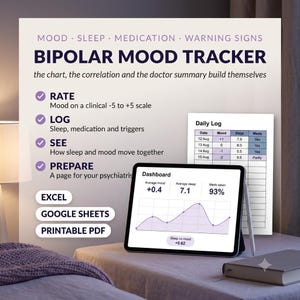 Può includere: Uno strumento digitale per il monitoraggio dell'umore bipolare con una dashboard su tablet che mostra un grafico a linee, statistiche su umore, sonno e farmaci. Include un registro giornaliero, etichette per rate, log, see, prepare, Excel, PDF.