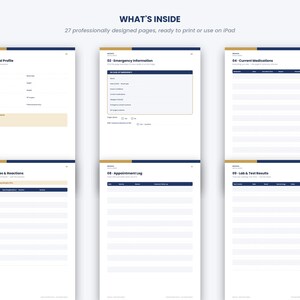 Puede incluir: Una plantilla de planificador de salud digital que presenta seis p&aacute;ginas blancas con detalles en azul oscuro y dorado. El texto incluye encabezados como Personal Profile, Emergency Information, Current Medications, Allergies & Reactions, Appointment Log y Lab & Test Results.