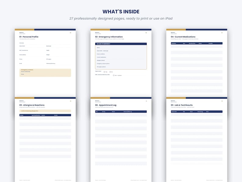 Puede incluir: Una plantilla de planificador de salud digital que presenta seis p&aacute;ginas blancas con detalles en azul oscuro y dorado. El texto incluye encabezados como Personal Profile, Emergency Information, Current Medications, Allergies & Reactions, Appointment Log y Lab & Test Results.