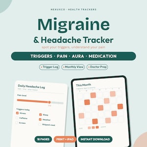 Pu&ograve; includere: Un tracker digitale per emicrania e mal di testa di NEXUXCO con sezioni per trigger, dolore, aura e farmaci. Il layout include un registro giornaliero con cursore per il livello di dolore e una vista mensile per monitorare la gravit&agrave; su iPad o stampa.