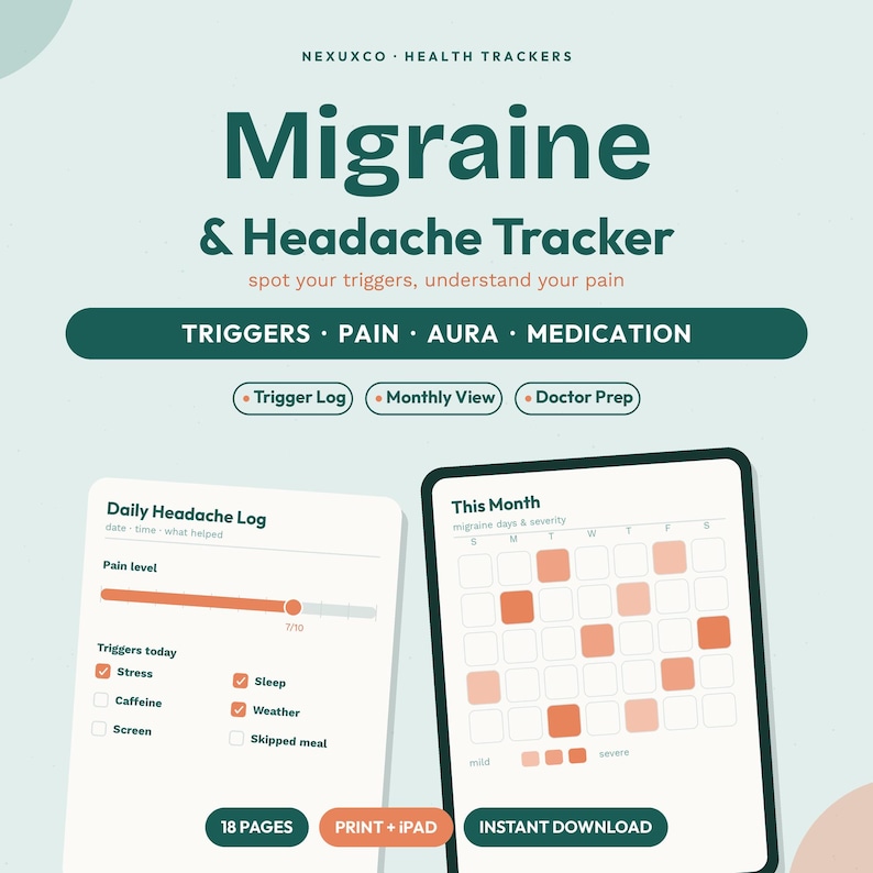 Pu&ograve; includere: Un tracker digitale per emicrania e mal di testa di NEXUXCO con sezioni per trigger, dolore, aura e farmaci. Il layout include un registro giornaliero con cursore per il livello di dolore e una vista mensile per monitorare la gravit&agrave; su iPad o stampa.