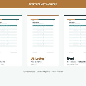 May include: Three digital planner layouts labeled Daily Check-in, including A4 size at 210 x 297 mm, US Letter size at 8.5 x 11 inches, and an iPad version for GoodNotes or Notability with tappable tabs. The text EVERY FORMAT INCLUDED is at the top.