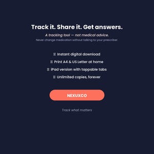 Pode incluir: Gr&aacute;fico de produto digital azul escuro com texto branco: Track it. Share it. Get answers. A tracking tool - not medical advice. Never change medication without talking to your prescriber. Inclui: download digital instant&acirc;neo, impress&atilde;o A4 e US Letter, vers&atilde;o para iPad com abas clic&aacute;veis, c&oacute;pias ilimitadas. Bot&atilde;o cor coral com a etiqueta NEXUXCO e o texto Track what matters.