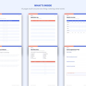 Pode incluir: Um layout de planejador digital com seis p&aacute;ginas com detalhes em azul e laranja. O texto diz WHAT'S INSIDE, 16 pages built around one thing: noticing what works, Daily Log, Medication Log, Weekly Overview, Mood & Focus Patterns, Side Effect Diary e Doctor Appointment Prep.