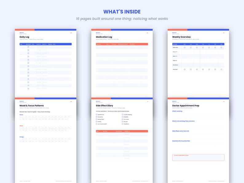 Pode incluir: Um layout de planejador digital com seis p&aacute;ginas com detalhes em azul e laranja. O texto diz WHAT'S INSIDE, 16 pages built around one thing: noticing what works, Daily Log, Medication Log, Weekly Overview, Mood & Focus Patterns, Side Effect Diary e Doctor Appointment Prep.