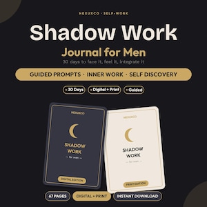 May include: A Shadow Work journal for men featuring two book covers, one dark blue and one cream, both displaying a gold crescent moon icon and the text Shadow Work for men. The design includes labels for digital and print editions, 67 pages, and guided prompts.