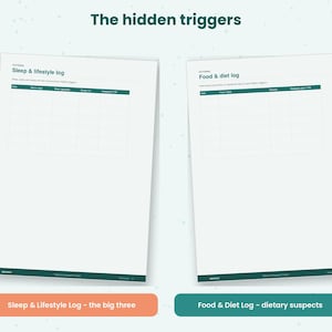 Pu&ograve; includere: Due fogli di tracciamento in carta bianca intitolati The hidden triggers. Il foglio a sinistra &egrave; un Sleep & lifestyle log con colonne per date, hour met, diet, sleep 1-5 e headache 1-5. Il foglio a destra &egrave; un Food & diet log con colonne per date, food/time, amount e headache 1-5.