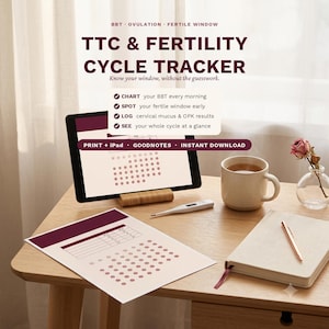 Op de afbeelding: Een TTC & Fertility Cycle Tracker planner voor digitaal en print, weergegeven op een tablet en papier. De tekst luidt TTC & FERTILITY CYCLE TRACKER, Know your window, without the guesswork, CHART, SPOT, LOG, SEE, PRINT + iPad, GOODNOTES, INSTANT DOWNLOAD.