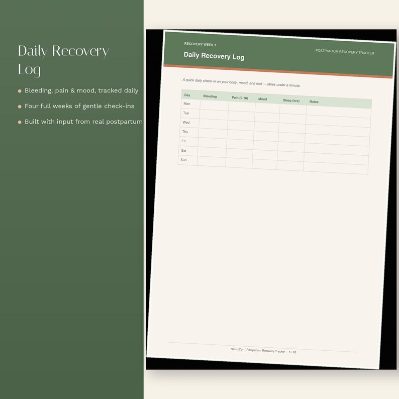 Op de afbeelding: Een Daily Recovery Log tracker-blad met een groene en oranje koptekst. Het document bevat een tabel voor het dagelijks bijhouden van bloedingen, pijn, stemming, slaap en notities gedurende een week. De tekst op het blad luidt Daily Recovery Log.