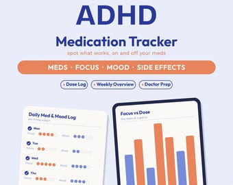ADHD Medication Tracker Printable | Adult ADHD Symptom, Focus and Mood Log | Med Effect, Dose Change, Side Effect Diary + iPad