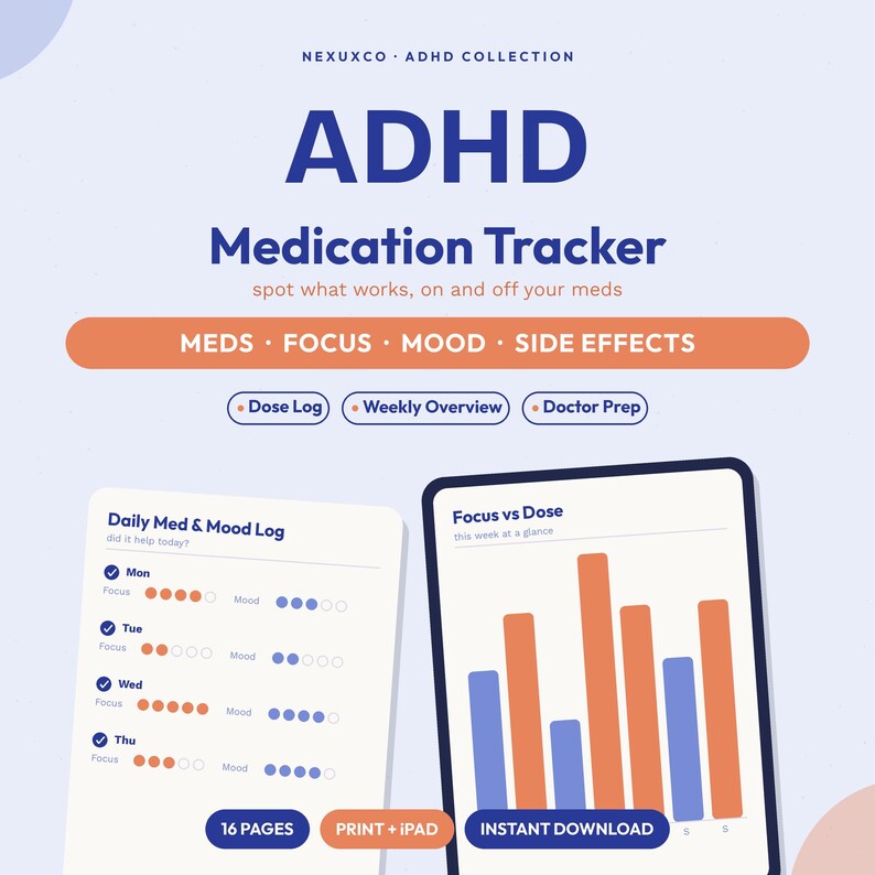 Planilha de Controle de Medicação para TDAH para Imprimir | Registro de Sintomas, Foco e Humor do TDAH em Adultos | Diário de Efeitos da Medicação, Alterações de Dose e Efeitos Colaterais + iPad imagem 1