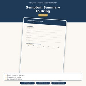 以下が含まれることがあります： 医師の診察用症状まとめフォーム「Symptom Summary to Bring」。主な症状、発症時期、頻度を記入する欄と、曜日ごとの1から10までの重症度トラッカーが記載されています。デジタル形式の医療用テンプレートです。