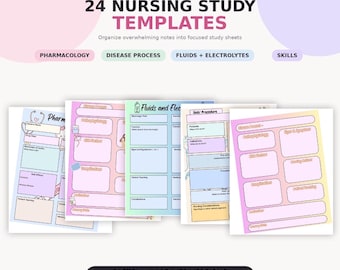 May include: A set of 24 nursing study templates featuring pastel-colored printable sheets for pharmacology, disease process, fluids and electrolytes, and skills. The documents include organized sections for notes, medical terminology, and clinical procedures.