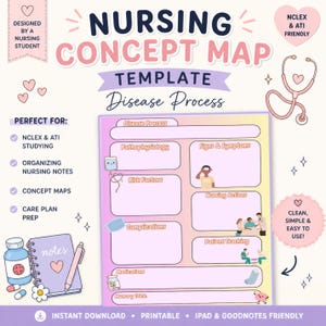 May include: A pink and purple nursing concept map template with the text "Nursing Concept Map Template Disease Process". The template includes sections for disease process, pathophysiology, signs & symptoms, and more. Includes a stethoscope graphic.