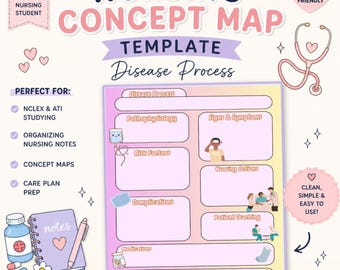 May include: A pink and purple nursing concept map template with the text "Nursing Concept Map Template Disease Process". The template includes sections for disease process, pathophysiology, signs & symptoms, and more. Includes a stethoscope graphic.