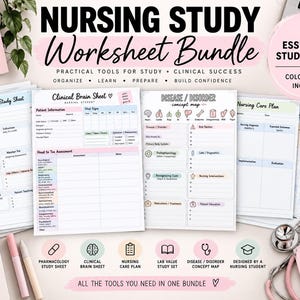 May include: A nursing study worksheet bundle featuring multiple printed pages with headers like Pharmacology Study Sheet, Clinical Brain Sheet, and Disease/Disorder Concept Map. The pages include sections for patient information, vital signs, and clinical assessments.