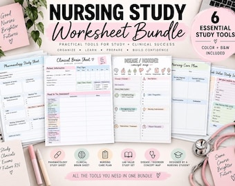 May include: A nursing study worksheet bundle featuring multiple printed pages with headers like Pharmacology Study Sheet, Clinical Brain Sheet, and Disease/Disorder Concept Map. The pages include sections for patient information, vital signs, and clinical assessments.