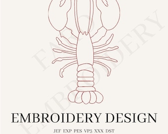 Broderidesign med hummer – Digital nedladdning i 3 storlekar – Handritad broderifil med kustmotiv