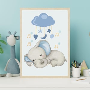Elephant Nursery Print for Baby Boy, Blue Jungle Animal Wall Art, Sleepy Elephant Printable, Digital Download for Kids Room Decor