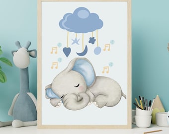 Blue Elephant Nursery Print, Baby Boy Jungle Wall Art (Digital Download)