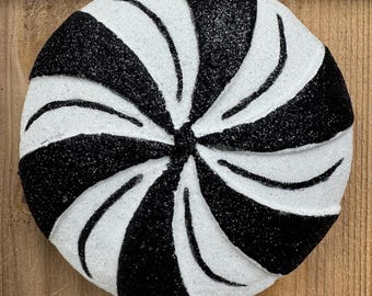 6”  Halloween glittered black and white foam peppermint candy ornament