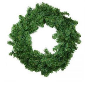 May include: A circular, evergreen wreath with dense, realistic-looking artificial pine needles. The wreath is a vibrant green color and is designed for seasonal home decor. The wreath is a classic holiday decoration.