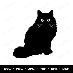 Peut inclure: Silhouette noire d'un chat à poils longs assis. Le chat a des yeux et des moustaches blancs. L'image est un graphique vectoriel, avec des options de format de fichier telles que SVG, PNG, JPG, PDF, EPS et DXF.