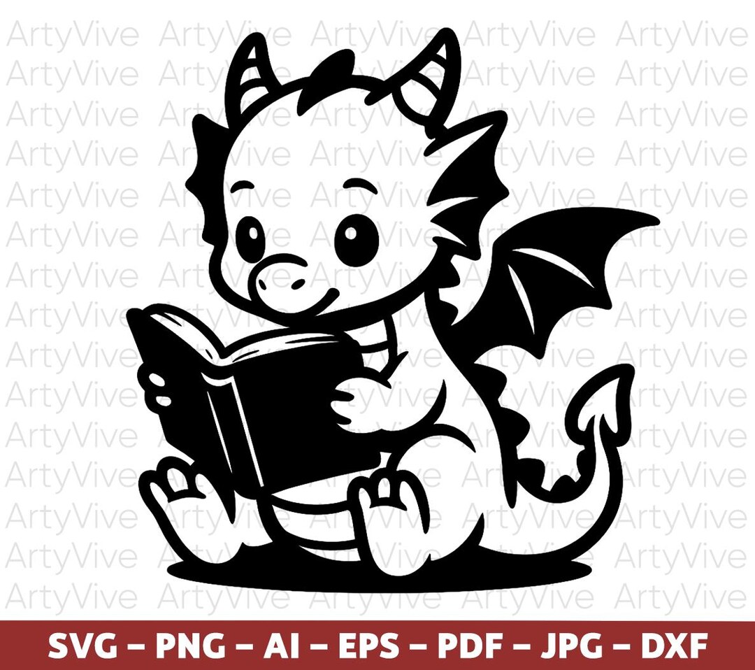 Cute Baby Dragon Reading Book SVG, Fantasy Dragon Clipart for Kids ...