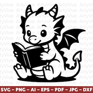 Puede incluir: Una ilustración gráfica en blanco y negro de un pequeño dragón con cuernos y alas sentado mientras sostiene un libro abierto. El dragón tiene ojos grandes y una cola curva. El diseño se presenta como un gráfico de silueta limpio y audaz.