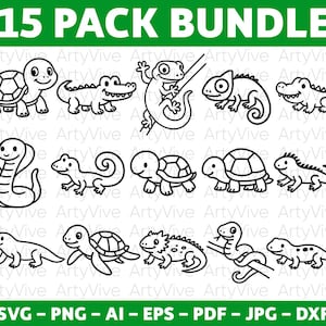 May include: A black and white illustration bundle featuring 15 reptile and amphibian outline drawings, including turtles, alligators, lizards, and snakes. The text "15 PACK BUNDLE" is at the top, with file type options at the bottom.