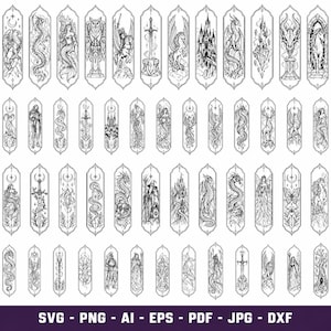 May include: A collection of forty-four black and white line art illustrations arranged in a grid, featuring fantasy motifs like dragons, castles, swords, mermaids, and mythical creatures within vertical frames. Text at the bottom reads SVG - PNG - AI - EPS - PDF - JPG - DXF.