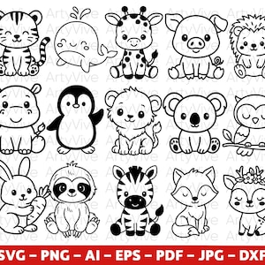 Pakiet SVG ze słodkimi małymi zwierzętami, kawaii zwierzątkami, zwierzętami z zoo i lasu w formacie PNG, plikami Cricut dla dzieci, ilustracjami małych zwierzątek