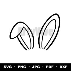 Peut inclure: Illustration en noir et blanc d'oreilles de lapin. Le design est minimaliste, avec des contours noirs. Les options de format de fichier incluent SVG, PNG, JPG, PDF et DXF.