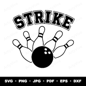 Peut inclure: Un design graphique en noir et blanc représentant le mot STRIKE en lettres capitales grasses arquées au-dessus d'une boule de bowling et de cinq quilles éparpillées. Le design est une illustration vectorielle nette et contrastée sur fond blanc.