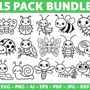 May include: A set of 15 black and white cartoon insect illustrations, featuring butterflies, ladybirds, bees, and ants. The text "15 PACK BUNDLE" is at the top, with file type options at the bottom: SVG, PNG, AI, EPS, PDF, JPG, and DXF.