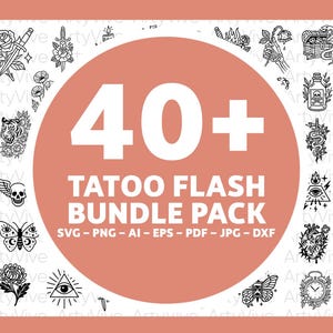 Peut inclure: Un pack de graphiques numériques à télécharger avec plus de 40 motifs de flash de tatouage. Les motifs comprennent un crâne, un papillon, un tigre, une rose, etc. Le texte indique "TATOO FLASH BUNDLE PACK".
