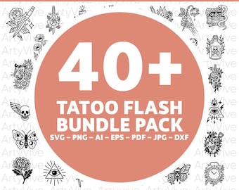 Tattoo Flash SVG Bundle, 40+ Traditional Tattoo Cliparts, Traditional Blackwork Designs, Vintage Flash Design for Cricut, Silhouette & Print