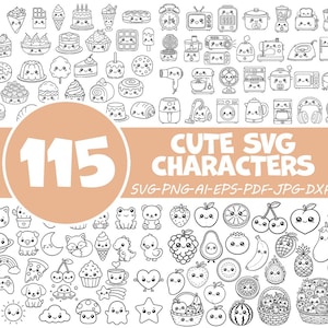 Pode incluir: Ilustração a preto e branco de 115 personagens SVG fofinhos, incluindo alimentos, eletrodomésticos e animais. A imagem inclui o texto "115" num círculo e "CUTE SVG CHARACTERS".