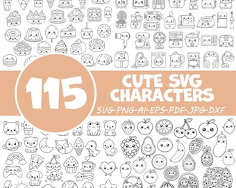 Puede incluir: Ilustración en blanco y negro de 115 personajes SVG lindos, que incluyen alimentos, electrodomésticos y animales. La imagen incluye el texto "115" en un círculo y "CUTE SVG CHARACTERS".