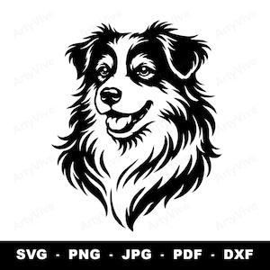 Pode incluir: Gráfico a preto e branco da cabeça de um cão Pastor Australiano a sorrir. A língua do cão está visível. A imagem inclui o texto "SVG - PNG - JPG - PDF - DXF" na parte inferior.