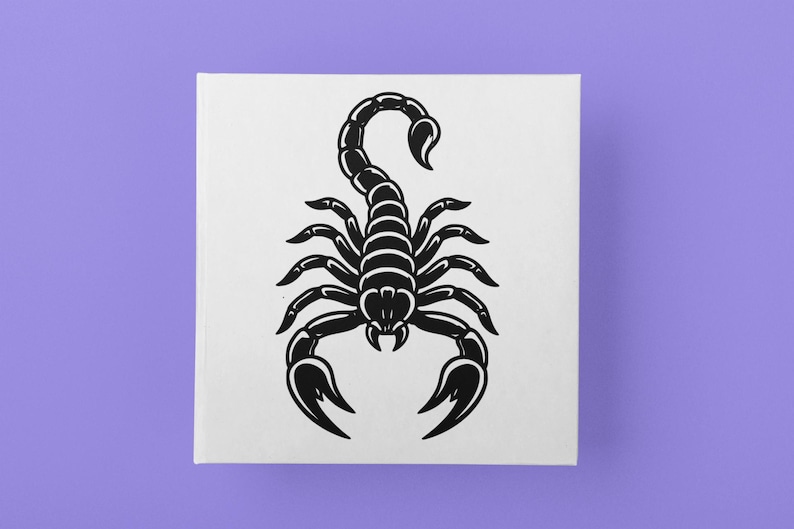 May include: Black scorpion illustration on a white square against a purple background. The scorpion is depicted in a detailed, stylized design, with its tail curved upwards. The image is a graphic representation, suitable for various applications.