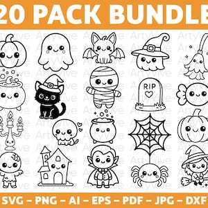 Peut inclure: Un lot de 20 illustrations numériques en noir et blanc représentant des personnages et symboles d'Halloween mignons, incluant citrouille, fantôme, chauve-souris, sorcière, balai, chaudron, chat, momie, pierre tombale, bonbon, candélabre, crâne, toile d'araignée, araignée, maison, vampire et sorcière sur un balai.
