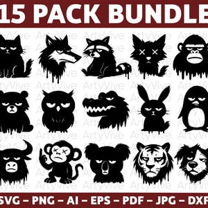 Peut inclure: Un ensemble d'art numérique noir et blanc comprenant 15 illustrations d'animaux avec des expressions renfrognées. Les animaux incluent un chat, un loup, un raton laveur, un renard, un gorille, un ours, un hibou, un alligator, un lapin, un pingouin, un taureau, un singe, un koala, un tigre et un chien.