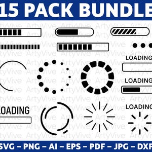 May include: A collection of 15 black and white loading icons and progress bars. The text "15 PACK BUNDLE" is at the top, and "LOADING" is written on some icons. File types include SVG, PNG, AI, EPS, PDF, JPG, and DXF.