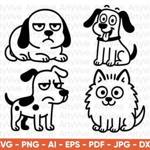 Peut inclure: Quatre illustrations de chiens de dessin animé en noir et blanc. Les chiens ont différentes expressions, dont un visage grincheux, un visage heureux avec la langue sortie et un chien avec des taches. Le bas de l'image contient le texte "SVG - PNG - AI - EPS - PDF - JPG - DXF".