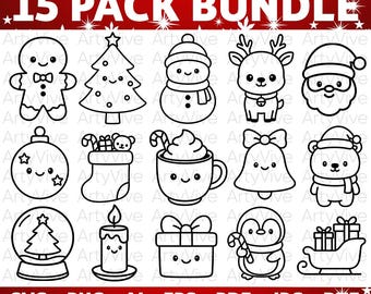 Könnte beinhalten: Ein schwarz-weißes digitales Kunstpaket zum Thema Weihnachten mit 15 festlichen Illustrationen. Enthält einen Lebkuchenmann, einen Weihnachtsbaum, einen Schneemann, ein Rentier, den Weihnachtsmann, eine Kugel, einen Strumpf, eine Tasse, eine Glocke, einen Bären, eine Schneekugel, eine Kerze, ein Geschenk, einen Pinguin und einen Schlitten.