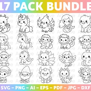 Söta mytiska varelser SVG-paket, kawaii fantastiska djur clipart, Phoenix Line Art SVG, barnmålarbilder fantastiska varelser linjeteckningar